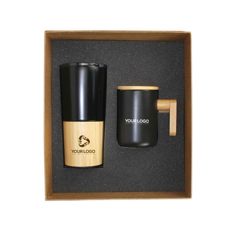 Natural Cardboard Gift Box - Travel Tumbler with Bamboo & Black Ceramic Mug with Bamboo Handle